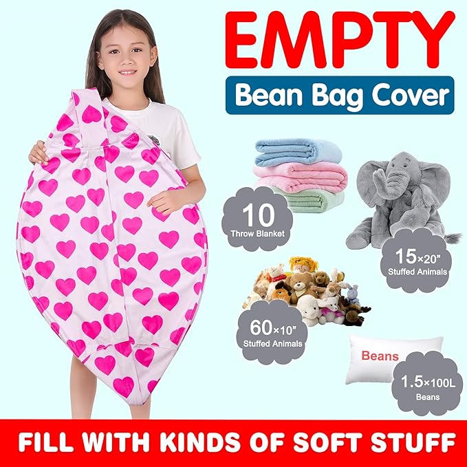 Lukeight Stuffed Animal Storage Bean Bag Chair Cover for Kids, Zipper Beanbag Chair Cover for Organizing Toddler & Kids' Rooms Plush Toys (Heart Velvet, Large) - LeafyLoom