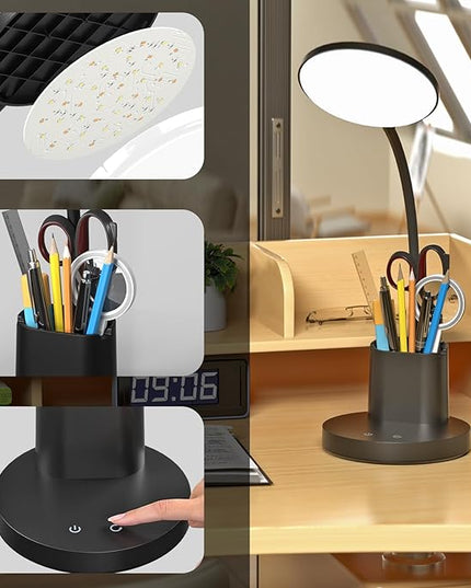 comzler Small Desk Lamp, LED Desk Lamps with Pen Phone Holder, Black Desk Light for Home Office,8W 3 Modes Dimmable LED Desk Light for Kids, Desktop Study Lamps for Bedrooms - LeafyLoom