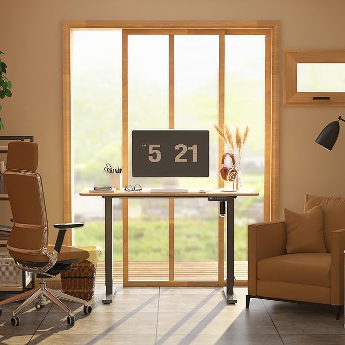 Height Adjustable Electric Standing Desk, 48 x 24 Inches Sit Stand up Desk, Home Office Desk with Whole-Piece Desktop, Maple Desktop/Black Frame - LeafyLoom
