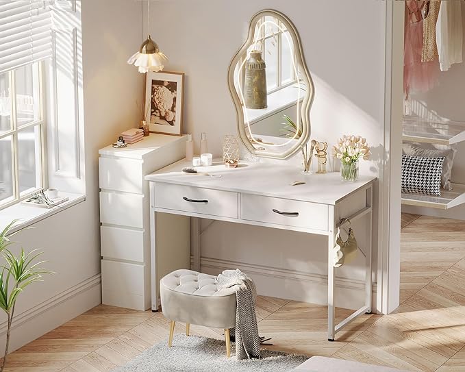 ODK 40 Inch Small Desk with Fabric Drawers- for Bedroom, White Vanity Desk with Storage, Home Office Computer Desk for Small Spaces, Modern Work Writing Study Table, White - LeafyLoom