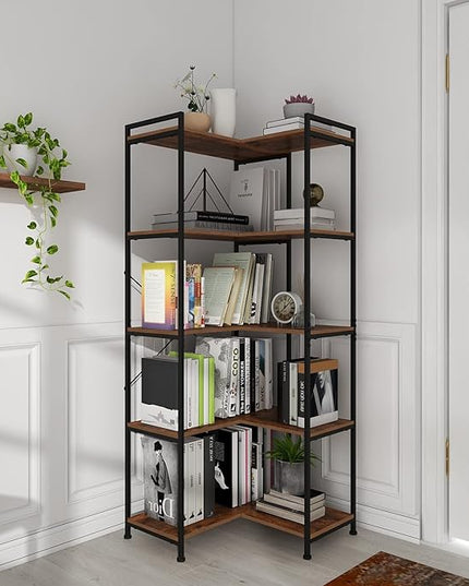 Bookshelf 5 Tier Deformable Corner Bookcase Free Standing Modern Industrial Book Storage Display Book Shelf for Bedroom Living Room Study Room Office (Brown) - LeafyLoom