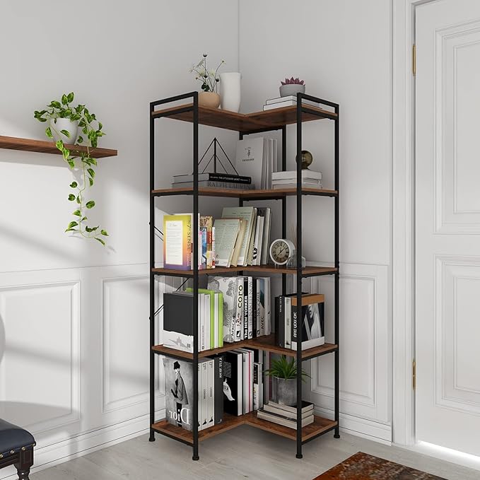 Bookshelf 5 Tier Deformable Corner Bookcase Free Standing Modern Industrial Book Storage Display Book Shelf for Bedroom Living Room Study Room Office (Brown) - LeafyLoom