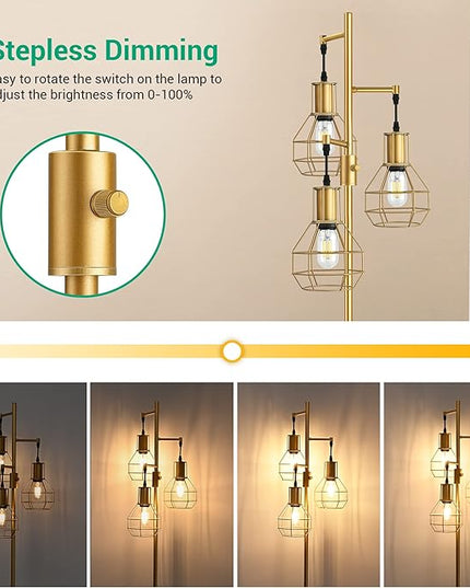 EDISHINE Industrial Dimmable Floor Lamp Gold, Farmhouse Standing Lamp for Living Room with 3 LED Edison Bulbs, Modern Tall Standing Corner Lamp with Metal Diamond Cage for Bedroom, Office - LeafyLoom