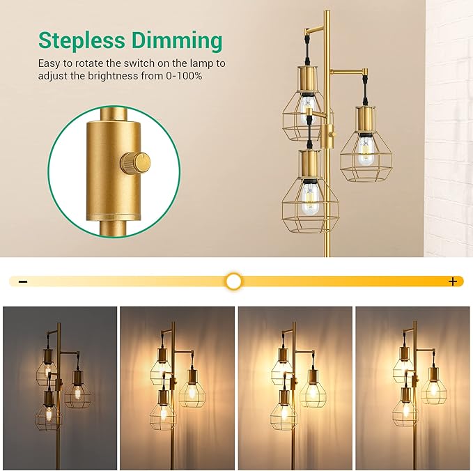EDISHINE Industrial Dimmable Floor Lamp Gold, Farmhouse Standing Lamp for Living Room with 3 LED Edison Bulbs, Modern Tall Standing Corner Lamp with Metal Diamond Cage for Bedroom, Office - LeafyLoom