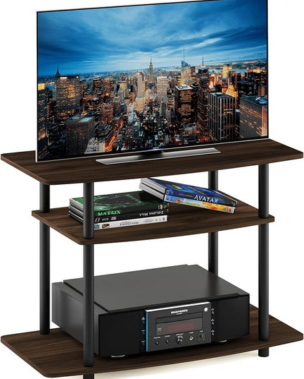 Furinno Turn-N-Tube No Tools 3-Tier Entertainment Center TV Stand for TV up to 32 Inch, Plastic Round Tubes, Columbia Walnut/Black - LeafyLoom