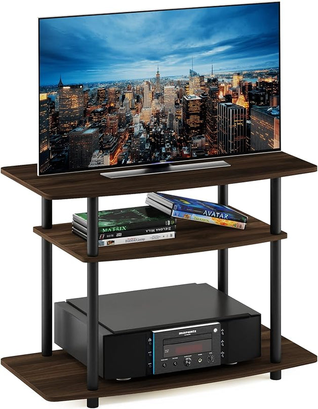 Furinno Turn-N-Tube No Tools 3-Tier Entertainment Center TV Stand for TV up to 32 Inch, Plastic Round Tubes, Columbia Walnut/Black - LeafyLoom