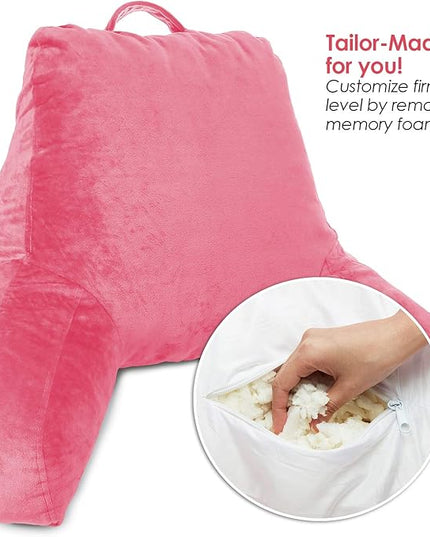 Clara Clark Reading Pillow for Kids, Small Back Pillow for Sitting Up in Bed, Memory Foam Back Support Pillow, Reading Pillows for Sitting in Bed, Light Pink Gaming Pillow with Arms and Pockets - LeafyLoom
