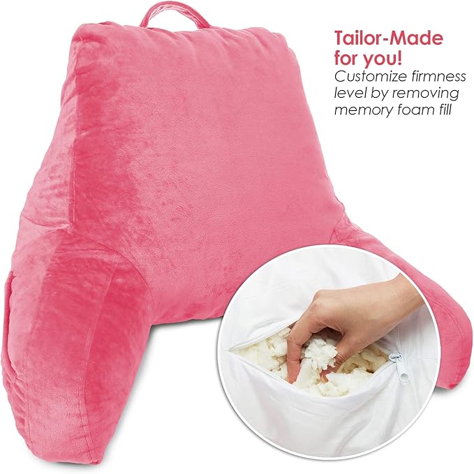 Clara Clark Reading Pillow for Kids, Small Back Pillow for Sitting Up in Bed, Memory Foam Back Support Pillow, Reading Pillows for Sitting in Bed, Light Pink Gaming Pillow with Arms and Pockets - LeafyLoom