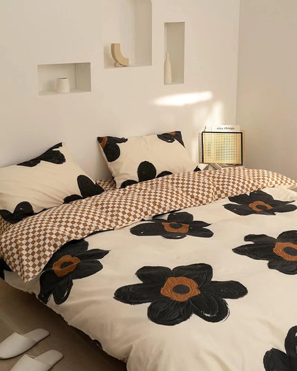 Black Floral Comforter Set Black and White Bedding Queen Comforter Set Flowers Cotton Women Modern Elegant Chic Quilts Blankets Lightweight Black Flower Reversible Bed Comforter Set - LeafyLoom