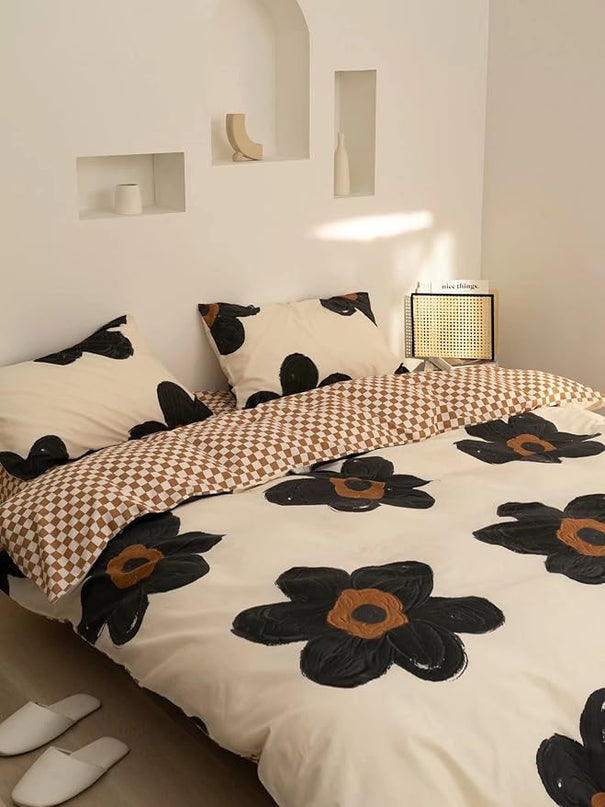 Black Floral Comforter Set Black and White Bedding Queen Comforter Set Flowers Cotton Women Modern Elegant Chic Quilts Blankets Lightweight Black Flower Reversible Bed Comforter Set - LeafyLoom