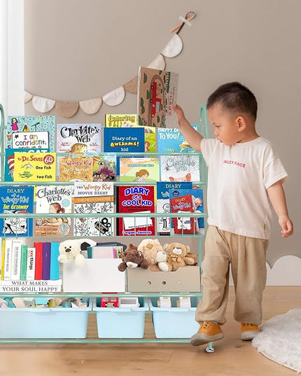aboxoo Metal Kids Bookshelf Green Freestanding for Children Room 32 in Toy Organizer Book Unit Storage Large Green Stable Bookcase Bookstore Living Room Bed Room Library - LeafyLoom