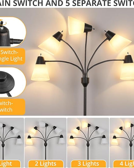FOLKSMATE LED Floor Lamp, Medusa Multi Head Modern Tall Standing Lamps, Rustic Adjustable Gooseneck Reading Standing Light for Living Room, Bedroom, Kids Room, Rustic Black - LeafyLoom