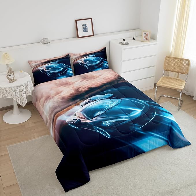 Erosebridal King Size Comforter Set for Boys Race Car Bedding Bedroom Decor, Sports Car for Boys Girls Teen Kids Children Car Racing Gifts, Race Cars Bed Set,Blue Black - LeafyLoom