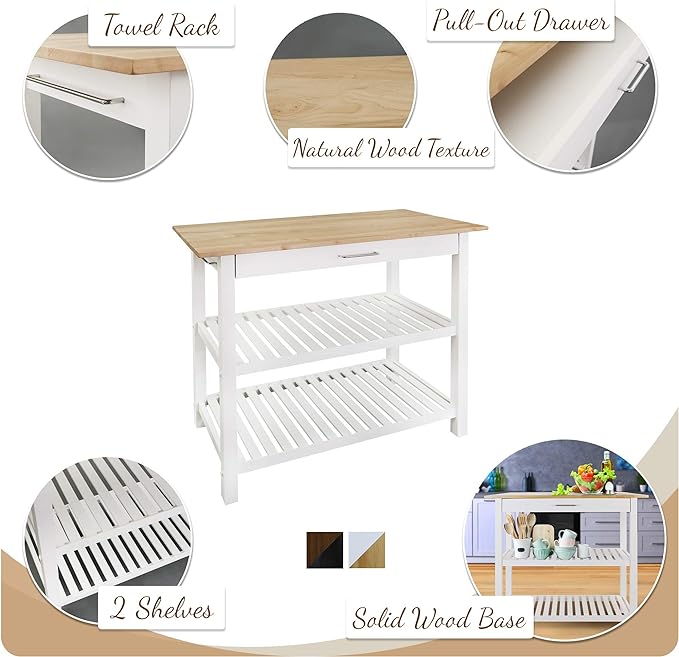 Casual Home Kitchen Island with Solid American Hardwood Top, Walnut&black - LeafyLoom