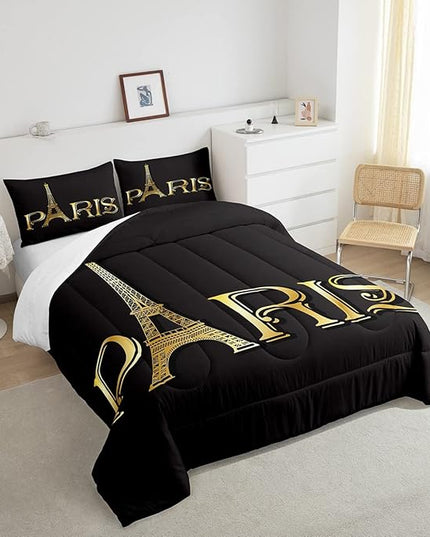Erosebridal Eiffel Tower Comforter Set, City Building of Paris Bedding Set Twin Size, Gold Black Duvet Sets for Kids Boys Girls Teens Bedroom, Soft Microfiber Bedding Comforters with 1 Pillow Case - LeafyLoom