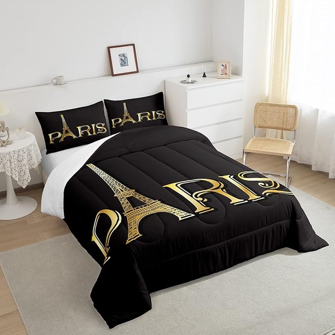 Erosebridal Eiffel Tower Comforter Set, City Building of Paris Bedding Set Twin Size, Gold Black Duvet Sets for Kids Boys Girls Teens Bedroom, Soft Microfiber Bedding Comforters with 1 Pillow Case - LeafyLoom