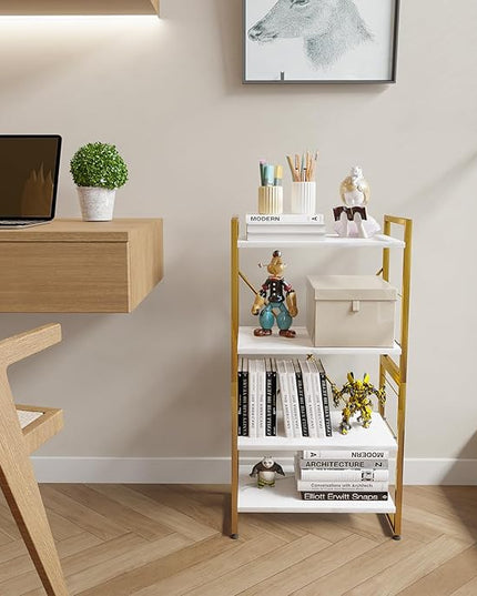 4 Tiers Bookshelf Adjustable White Faux Marble Organizer, Modern Small Bookcase for Small Space,Industrial Wooden Storage Display Rack and Storage Organizer for Living Room Home Office(Glod) - LeafyLoom