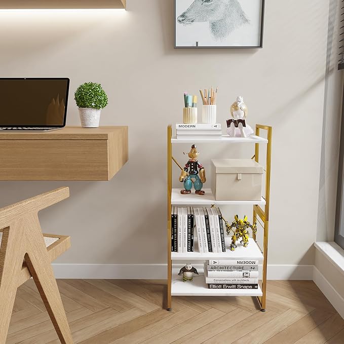 4 Tiers Bookshelf Adjustable White Faux Marble Organizer, Modern Small Bookcase for Small Space,Industrial Wooden Storage Display Rack and Storage Organizer for Living Room Home Office(Glod) - LeafyLoom