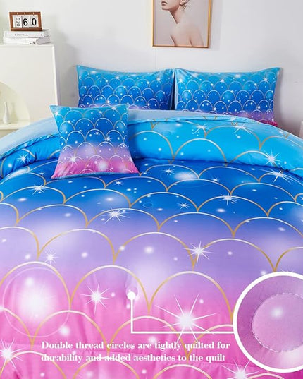 URBONUR 6 Pcs Mermaid Comforter Set Twin Size Gradient Pink and Blue Twin Bedding Sets for Girls/Kids/Teen, Colorful Glitter Printed Bed in a Bag Comforter with Sheet Set - LeafyLoom