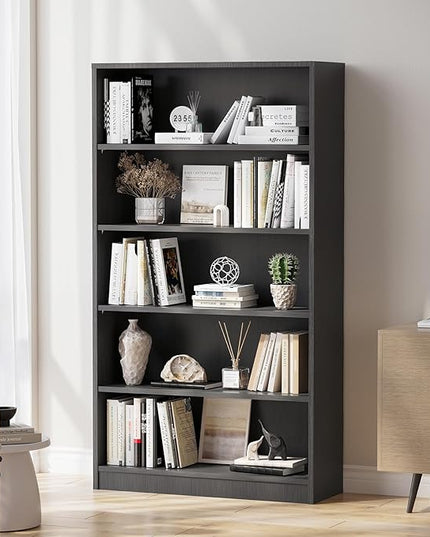 Soohow Grey Bookcase,Bookshelf for Bedroom,60 inches Tall Wood Book case Book Shelves,5 Shelf Book Shelves for Living Room Office - LeafyLoom