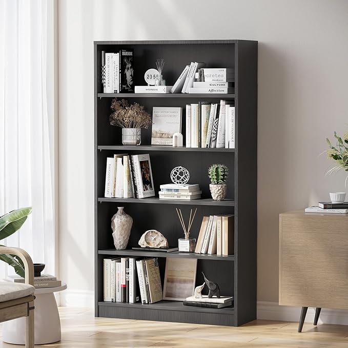 Soohow Grey Bookcase,Bookshelf for Bedroom,60 inches Tall Wood Book case Book Shelves,5 Shelf Book Shelves for Living Room Office - LeafyLoom