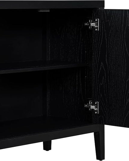 Retro Sideboard with Circular Groove Design Round Metal Door Handle,Wooden Buffet Cabinet,W/Adjustable Shelves & Open Countertop,for Entrance Living Dinning Room,Black, 60" - LeafyLoom
