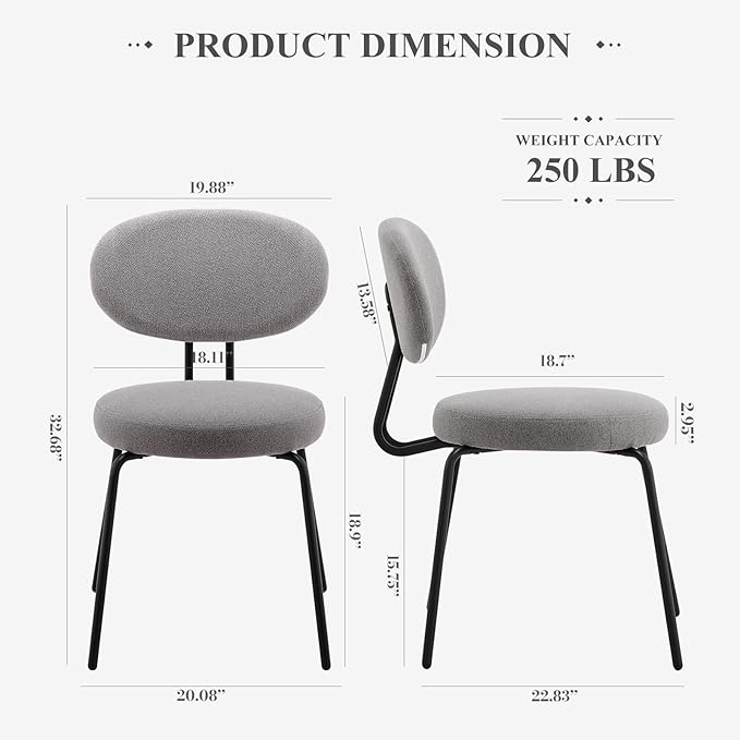 COLAMY Modern Fabric Dining Chairs Set of 2, Mid Centry Upholstered Dining Room Kitchen Chairs with Curved Backrest, Round Seat, Black Metal Legs, Grey - LeafyLoom