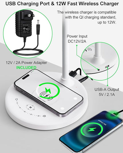 BOHON Desk Lamp, LED Desk Lamp with USB Charging Port, Wireless Charger Desk Light for Home Office, 5 Colors 6 Levels Brightness, Touch Table Lamp for Bedroom Bedside College Dorm Reading, White - LeafyLoom