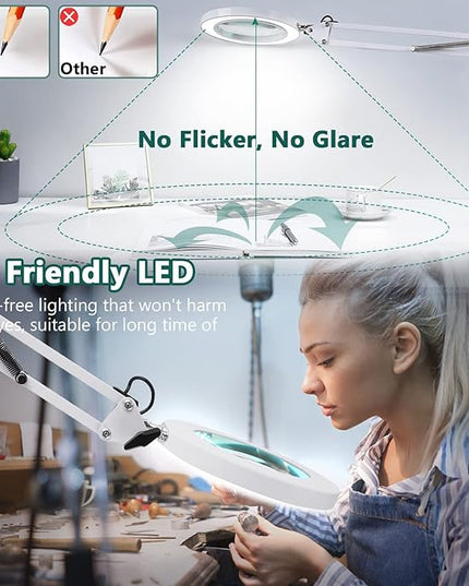 Magnifying Glass with Lihgt and stand, Veemagni 8X Real Glass 2-in-1 Desk Lamp & Clamp, 3 Color Modes Stepless Dimmable, LED Lighted Magnifier with Light for Reading Crafts Repair Close Works - White - LeafyLoom