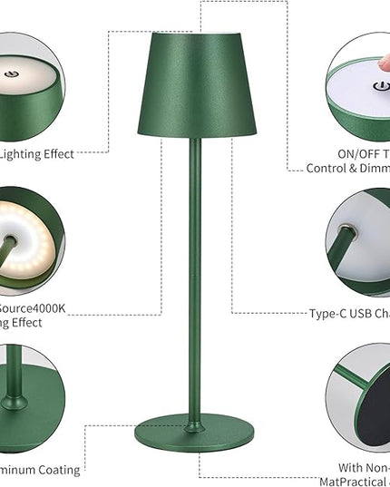 Cordless Table Lamps USB Rechargeable Simplicity Desk Lamp Built-in 4600 mAh Battery LED Battery Operated lamp with Touch Control Table lamp - Bedroom/Desk/Reading/Patio(Green) - LeafyLoom