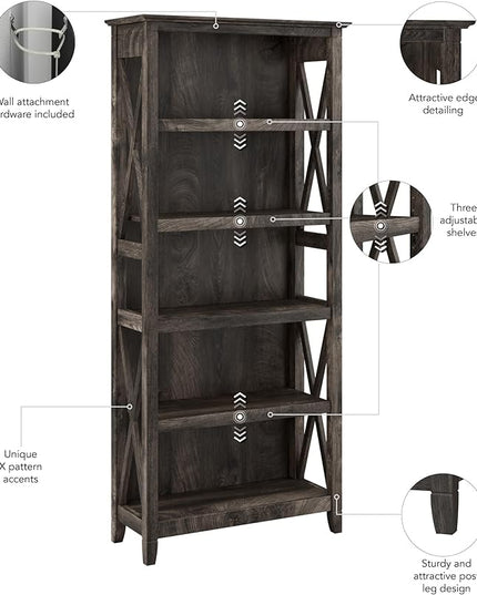 Bush Furniture Key West Tall 5 Shelf Bookcase in Dark Gray Hickory - LeafyLoom