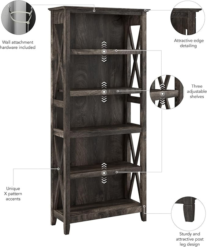 Bush Furniture Key West Tall 5 Shelf Bookcase in Dark Gray Hickory - LeafyLoom
