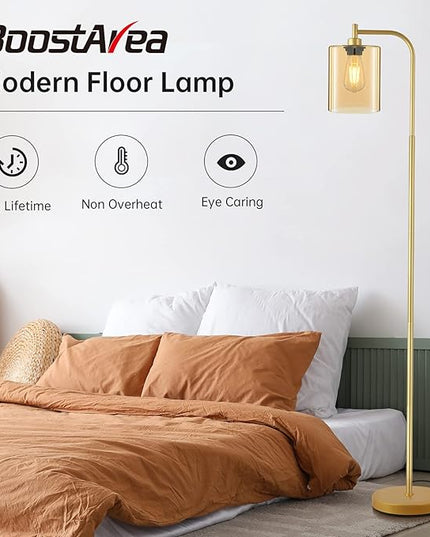 Industrial Floor Lamp, Gold Standing Lamp with Gold Glass Lampshade, 6W LED Bulb Included, Modern Floor Lamp with Foot Switch, Bright LED Floor Lamp for Living Room and Bedroom, Office, Simple Style - LeafyLoom