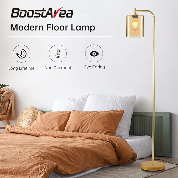 Industrial Floor Lamp, Gold Standing Lamp with Gold Glass Lampshade, 6W LED Bulb Included, Modern Floor Lamp with Foot Switch, Bright LED Floor Lamp for Living Room and Bedroom, Office, Simple Style - LeafyLoom