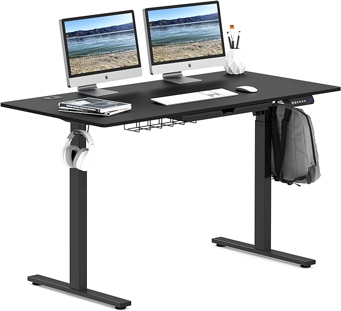 SHW 55-Inch Large Electric Height Adjustable Standing Desk, 55 x 28 Inches, Black - LeafyLoom
