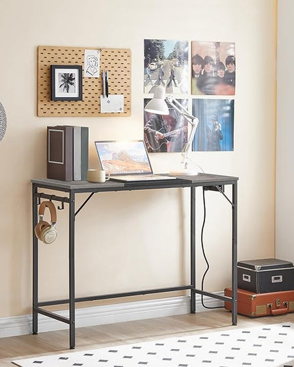 HOOBRO Computer Desk, Home Office Desk with Power Outlet, Modern Study Writing Desk with 3 Hooks for Study Room, Home Office, Sturdy and Stable, Easy to Assemble, Charcoal Gray and Black BC41UDN01 - LeafyLoom