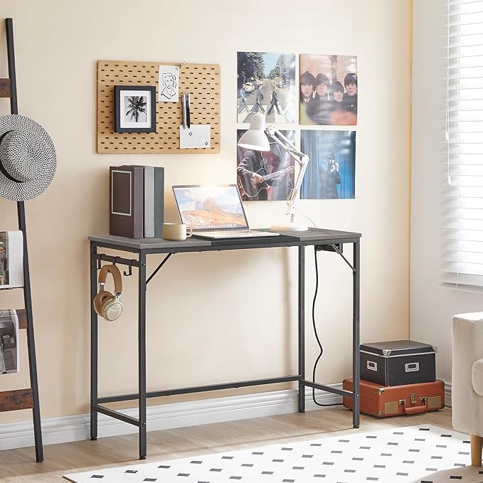 HOOBRO Computer Desk, Home Office Desk with Power Outlet, Modern Study Writing Desk with 3 Hooks for Study Room, Home Office, Sturdy and Stable, Easy to Assemble, Charcoal Gray and Black BC41UDN01 - LeafyLoom