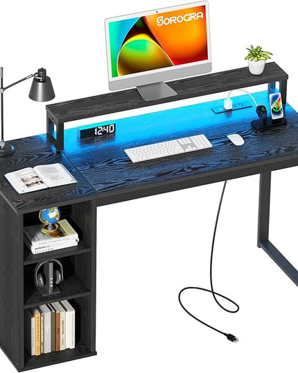 Computer Desk with LED Lights and Power Outlets 47 inch Gaming Desk with Storage Shelves, Small Home Office Desk with Monitor Stand for Bedroom,Workstation, Black - LeafyLoom