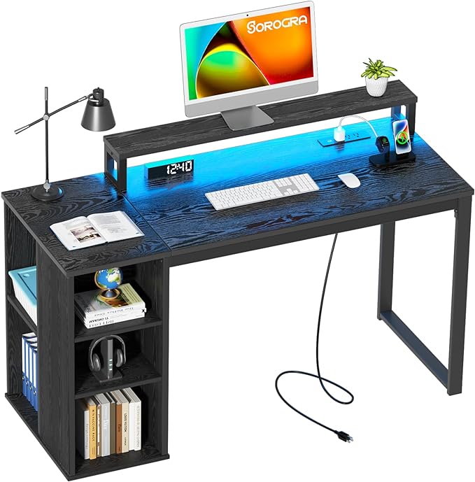 Computer Desk with LED Lights and Power Outlets 47 inch Gaming Desk with Storage Shelves, Small Home Office Desk with Monitor Stand for Bedroom,Workstation, Black - LeafyLoom