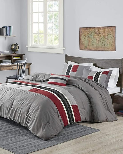 Mi Zone Cozy Comforter Set Geometric Stripes Vibrant Color Design All Season Bedding Matching Shams, Decorative Pillow, Twin/Twin XL, Red/Grey, 3 Piece - LeafyLoom