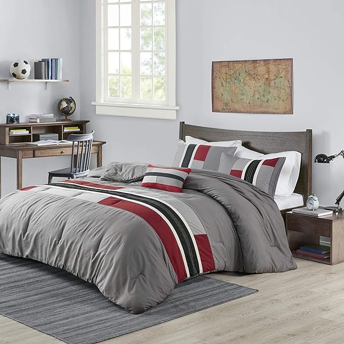 Mi Zone Cozy Comforter Set Geometric Stripes Vibrant Color Design All Season Bedding Matching Shams, Decorative Pillow, Twin/Twin XL, Red/Grey, 3 Piece - LeafyLoom