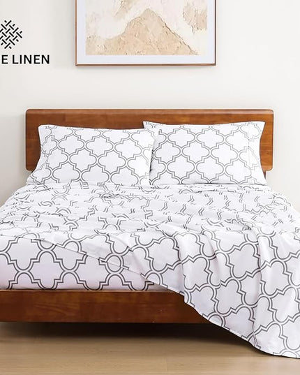 LANE LINEN 100% Organic Cotton Sheets Queen, 4-Piece Bed Sheets Queen Size Cotton, Luxury Sheets, Percale Weave,Breathable Bed Sheets Queen Size Deep Pockets Fits Upto 15" - Trellis Silver - LeafyLoom