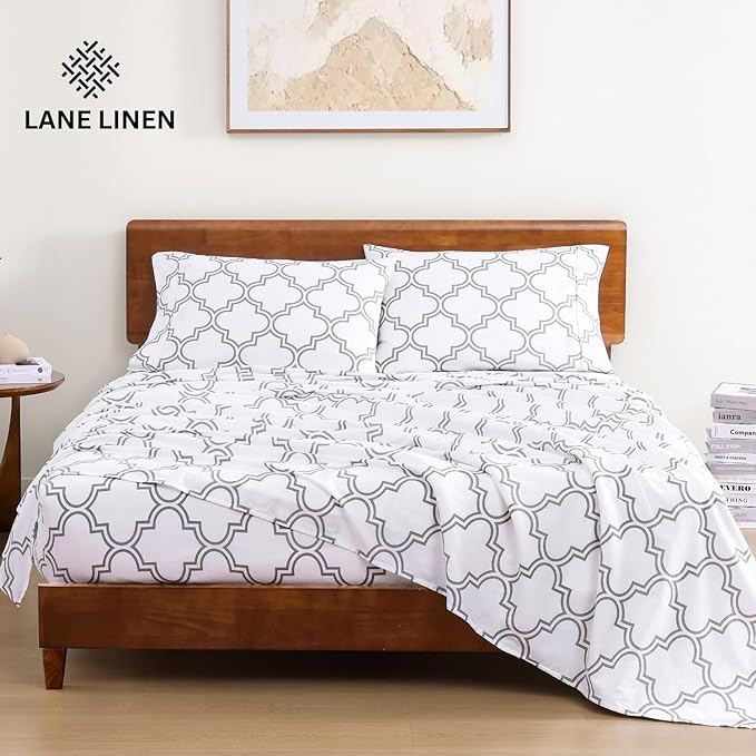 LANE LINEN 100% Organic Cotton Sheets Queen, 4-Piece Bed Sheets Queen Size Cotton, Luxury Sheets, Percale Weave,Breathable Bed Sheets Queen Size Deep Pockets Fits Upto 15" - Trellis Silver - LeafyLoom