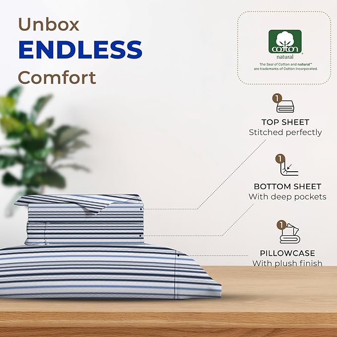 THREAD SPREAD 100% Egyptian Cotton Printed Bed Sheets - 600 Thread Count 3 PC Twin Sheet Set, Hotel Luxury Sateen Bedsheets, 16" Deep Pocket Soft Cooling Sheets for Twin Size Bed - Variegated Stripe - LeafyLoom