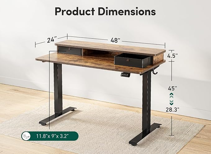 FEZIBO 48 x 24 Inch Height Adjustable Electric Standing Desk with Double Drawer, Stand Up Desk with Storage Shelf, Sit Stand Desk, Rustic Brown - LeafyLoom