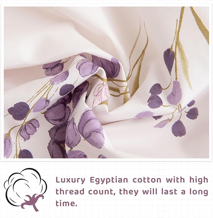 QSH Purple Floral Bed Sheets King Size 100% Egyptian Cotton Lavender Flower Bedding Sheets King Size Bedsheets Sets 17.5" Extra Deep Pocket 4pcs - LeafyLoom