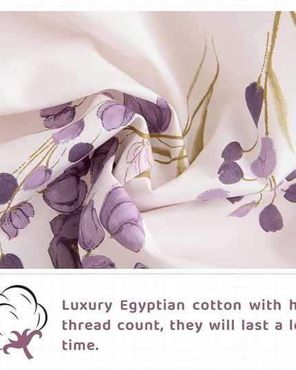 QSH Lavender Floral Bed Sheets Queen Size - 100% Egyptian Cotton Sheets Purple Flower Printed Bedding Sheets Queen Size Bed 4pcs Deep Pockets Bed Sheets - LeafyLoom