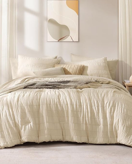 CASAAGUSTO Queen Comforter Set, 7 Pieces Beige Seersucker Bed in a Bag Queen Size Soft All Seasons, Bedding Sets with Comforter, Flat Sheet, Fitted Sheet, 2 Pillow Shams, 2 Pillowcases - LeafyLoom