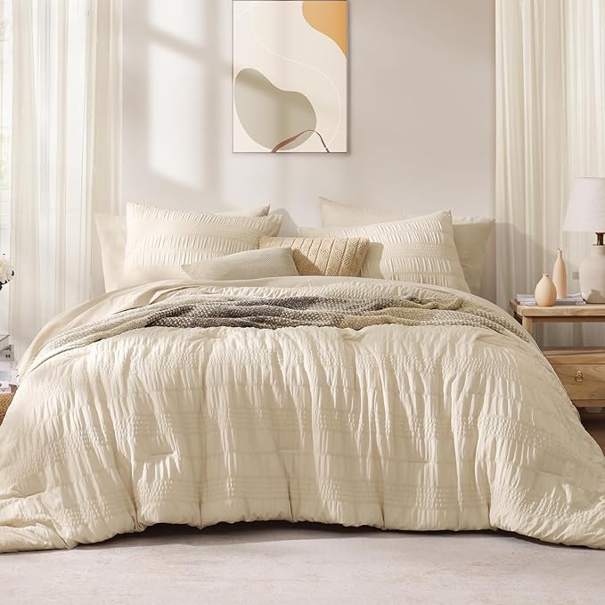 CASAAGUSTO Queen Comforter Set, 7 Pieces Beige Seersucker Bed in a Bag Queen Size Soft All Seasons, Bedding Sets with Comforter, Flat Sheet, Fitted Sheet, 2 Pillow Shams, 2 Pillowcases - LeafyLoom