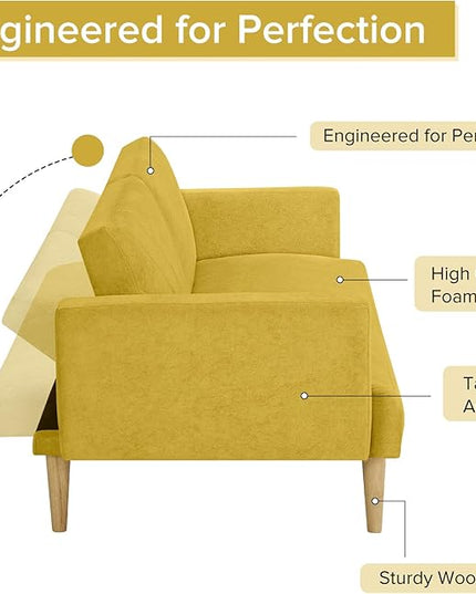 Folding Futon Sofa Tapered Wood Legs,Modern Space Saving Couch,Easily Converts to Single Bed,Easy Assembly,Multi-Functional Loveseat Ideal for Small Home Living Room,Yellow, 76" - LeafyLoom